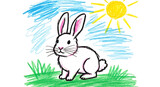 Naive children's drawing of a rabbit with crayon colors on white paper depicting a sunny day with blue sky and grass. This charming rabbit illustration captures innocence and joy