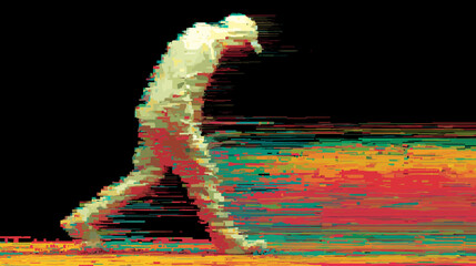 Poster - Digital illustration of a person walking in a blurred, colorful style - Concept of glitch vector background  