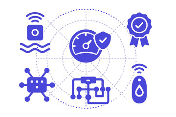 Poster - Digital icons representing technology metrics, quality assurance, and connectivity in a vibrant blue and white design