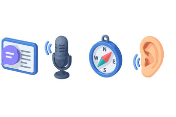 Poster - Icons representing communication tools and listening devices for modern interactions