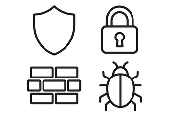 Fototapete - Icons representing online security concepts with shield, lock, firewall, and bug symbols in simple design