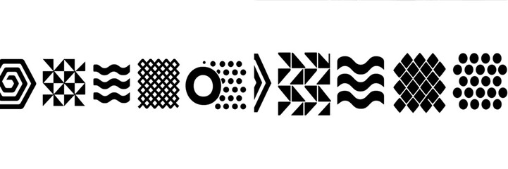 Poster - Black and white geometric patterns displayed in a horizontal arrangement showcasing various designs and textures