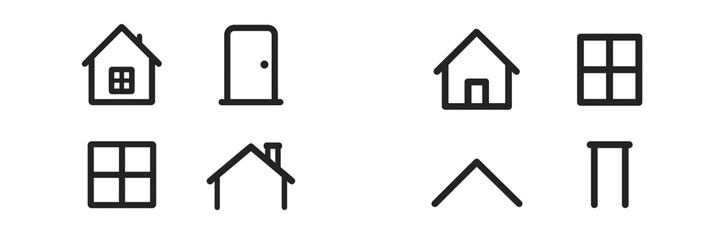 Poster - Minimalist black and white icons representing houses, doors, and windows arranged in a grid layout