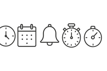 Poster - Clock faces, calendar, bell, and stopwatch icons representing time management and scheduling