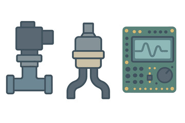 Poster - Illustrations of mechanical components showcasing valves and circuit board design in a clean and modern style