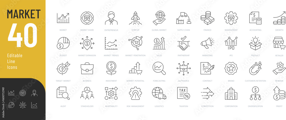 Editable Icon Set Market Editable Icons set. Vector illustration in modern thin line ...