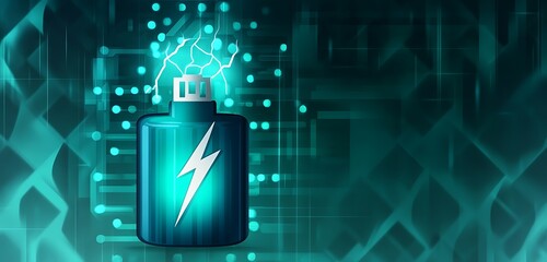 Leinwandbilder - Blue battery vector icon with a lightning bolt on a dark green background