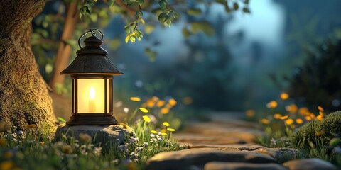 Poster - A charming lantern casts a warm glow along a peaceful forest path, surrounded by vibrant greenery and delicate flowers, creating a serene and magical atmosphere.