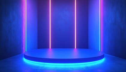 Poster - Blue Neon Abstract: Ultraviolet Light In An Empty Night Club Room, Glowing Panels, Fashion Podium, And Performance Stage Decorations In A Tunnel Or Corridor.