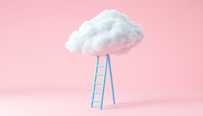 Poster - White Fluffy Cloud Above Blue Ladder Stands Out On Pink Background, Creating A Striking And Vibrant Contrast In The Scene.