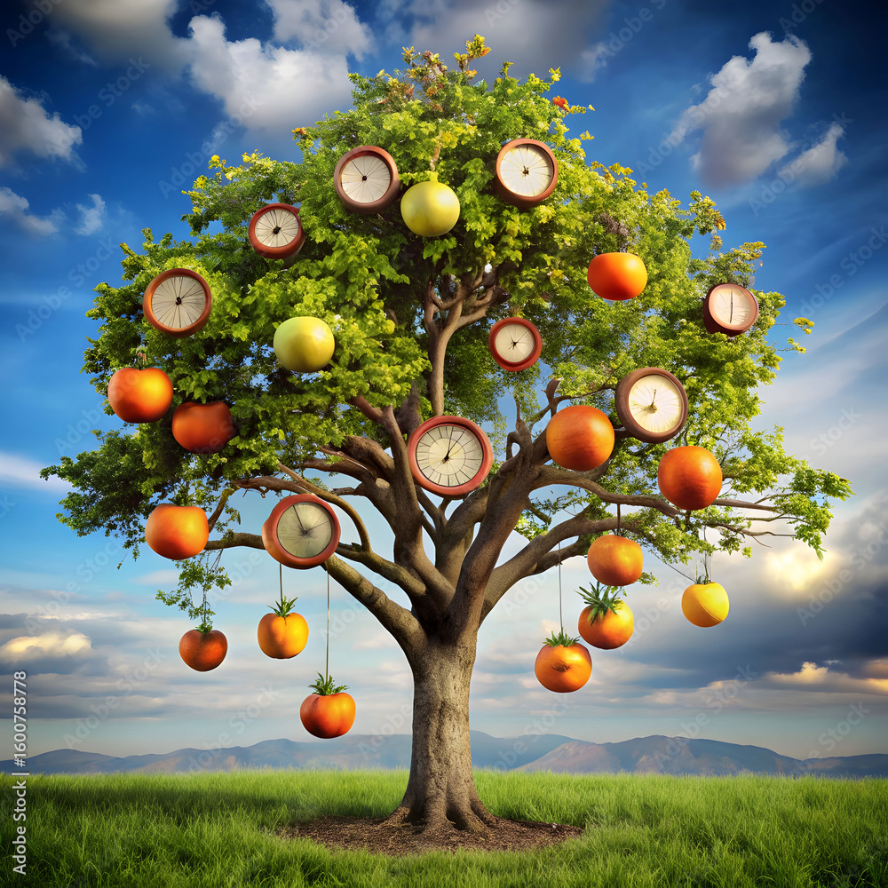 tree with clock faces as fruit time and nature c Stock Illustration ...
