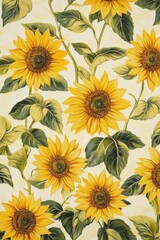 Poster - Floral patterned rug with yellow sunflowers and green leaves. The rug is white and has a yellow and green color scheme
