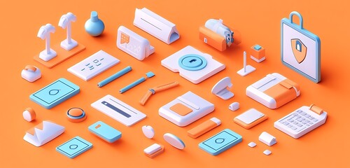 Leinwandbilder - High-resolution 3D vector icons for security and privacy on a solid orange background