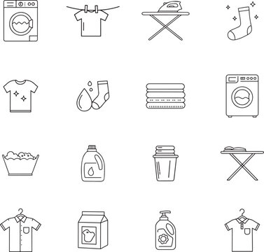 Collection of laundry and cleaning services line art icons