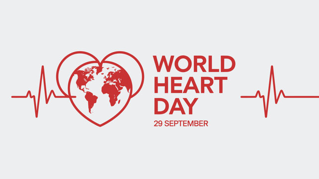 World Heart Day Poster Illustration with Human Heart, Heartbeat Line, Medical Icons, Stethoscope, Red Heart, ECG Line, and Fitness Elements