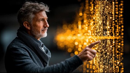 Poster - Mature man interacting with glowing golden digital interface and pointing glowing golden digital data projection showcasing