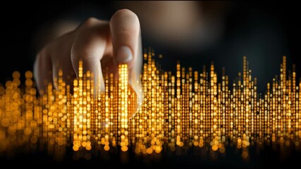 Poster - Finger touching glowing golden digital data visualization with hand pointing, futuristic technology concept featuring holographic