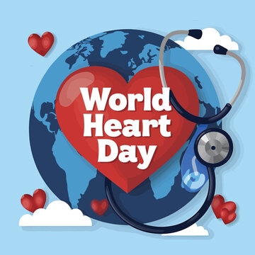 World Heart Day Poster Illustration with Human Heart, Heartbeat Line, Medical Icons, Stethoscope, Red Heart, ECG Line, and Fitness Elements