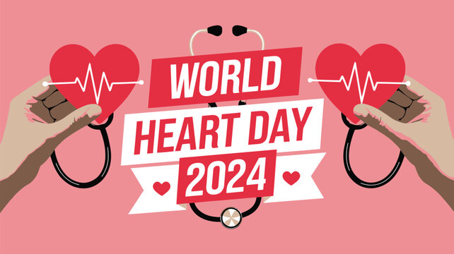 World Heart Day Poster Illustration with Human Heart, Heartbeat Line, Medical Icons, Stethoscope, Red Heart, ECG Line, and Fitness Elements