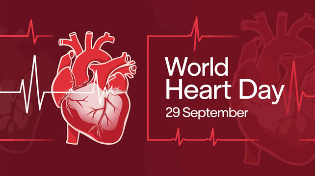 World Heart Day Poster Illustration with Human Heart, Heartbeat Line, Medical Icons, Stethoscope, Red Heart, ECG Line, and Fitness Elements