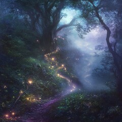 Poster - Forest with a path that is lit up by fireflies