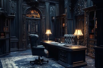 Poster - Dark room with a desk and a chair. The chair is black and the desk is made of wood. There are two lamps on the desk, one on the left and one on the right
