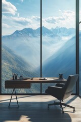 Poster - Mountain view with a desk and chair in the foreground. The chair is black and the desk is wooden