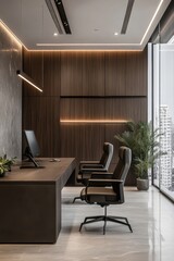 Poster - Modern office with a large window and a potted plant. The room is furnished with two black leather chairs and a desk with a computer monitor and keyboard