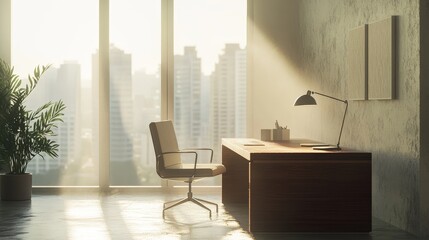 Poster - Desk with a lamp and a chair in front of a window. The room is bright and sunny, and the view outside is of a city