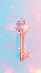 Poster - An elegant ornate key rests against a soft pastel background, shimmering with light and sparkle, symbolizing magic, romance, and beauty in a stylish composition.
