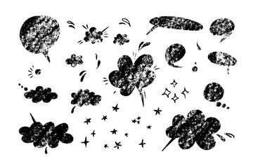 Poster - Cute hand drawn speech bubble vector set. Textured vector shapes of call out clouds with drops and stars. One color graphic element collection.