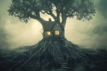 Poster - An enchanting tree house with glowing windows sits amid mystical fog. This magical scene evokes a sense of adventure and tranquility in a whimsical forest.