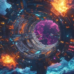 Wall Mural - futuristic city with a large, glowing hole in the middle. the city is surrounded by a bright, colorf