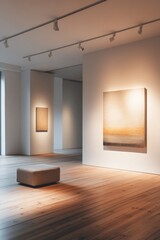 Poster - A room with three paintings on the wall and a small stool in the middle