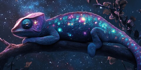 Wall Mural - a colorful lizard is laying on a branch in the night sky. the lizard is surrounded by a galaxy of st