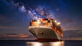 Cargo ship at night under a starry sky