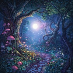 Poster - Enchanted Forest Pathway Under Moonlight with Vibrant Flora and Fungi