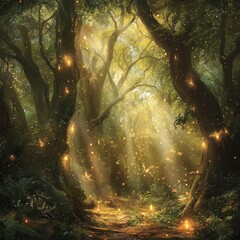 Poster - A mesmerizing scene of an enchanted forest with soft sunlight filtering through lush trees, creating a magical ambiance filled with glowing elements, perfect for nature lovers.