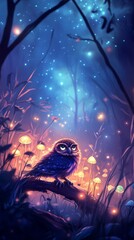 Poster - Experience the magic of nature with this vibrant illustration featuring a mystical owl perched on a branch in an enchanted forest glowing with colorful mushrooms.