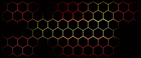Poster - Hexagonal gaming honeycomb abstract background. Hexagon technology futuristic dark vector abstract background with blue and pink colored bright flashesunder hexagon.