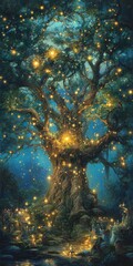 Poster - A captivating scene of an ancient tree adorned with glowing lights, nestled in a mystical forest. The enchanting ambiance evokes wonder and invites exploration.