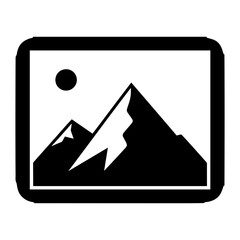 Poster - Silhouette Vector Illustration of a framed mountain landscape with a sun in the sky in black and white simple style art