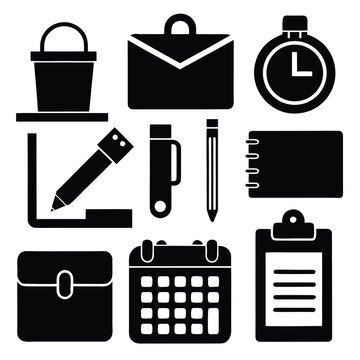 Black and white office and business related icons isolated on a white background