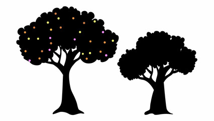 Poster - Two trees silhouette with one decorated with colorful dots on a white background in a simple style