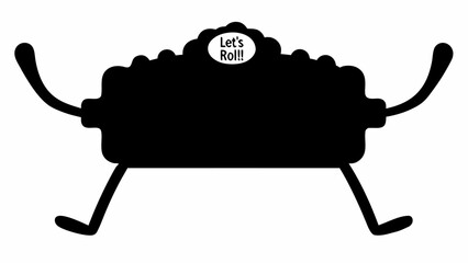 Aufkleber - Black cartoon character with arms and legs and a speech bubble saying let's roll in the middle top area