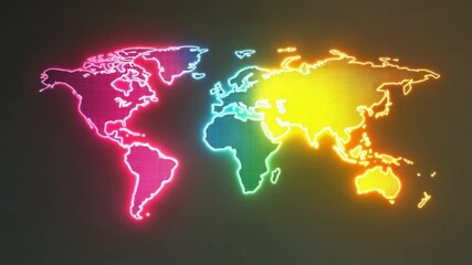 Poster - Colorful Neon World Map Illustration with Bright Gradient Effects and Modern Design Elements in Vibrant Colors 4k video footage