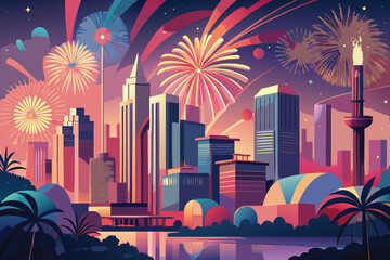 Poster - Vibrant Fireworks Display with Cat Illustration for Celebration Design