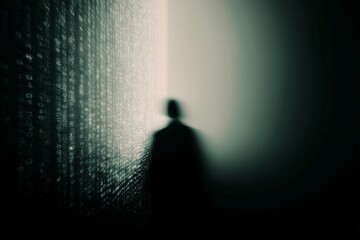Poster - Mysterious silhouette against a binary wall creating an atmosphere of digital intrigue in a dark space
