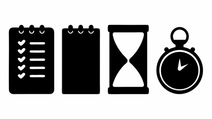 Poster - A black and white illustration of a checklist, notepad, hourglass, and stopwatch in a row format image