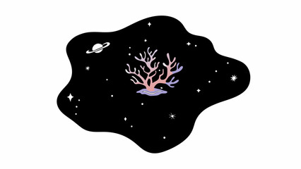 Aufkleber - Illustration of a coral like structure in a space like background with stars and a planet with rings